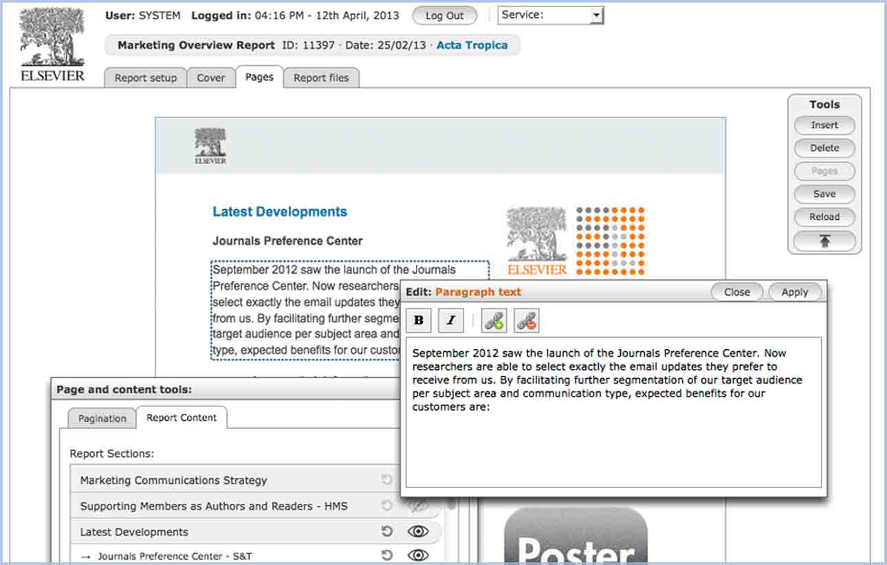 Elsevier eReporter application interface.